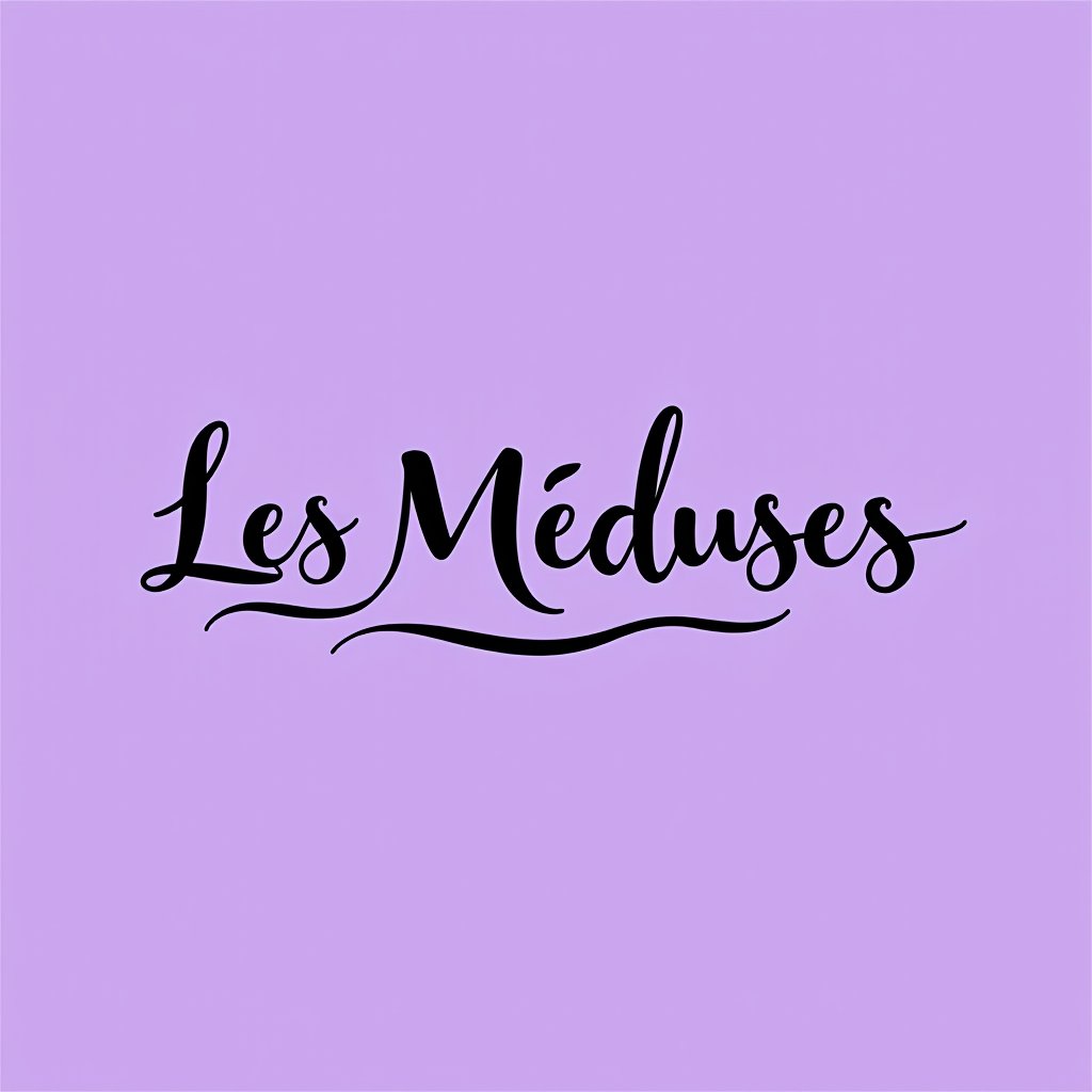 Purple feminism,
The name "Les Méduses" displayed in elegant, flowing typography, with a subtle wave-like curve beneath the letters to echo the fluidity of the sea.