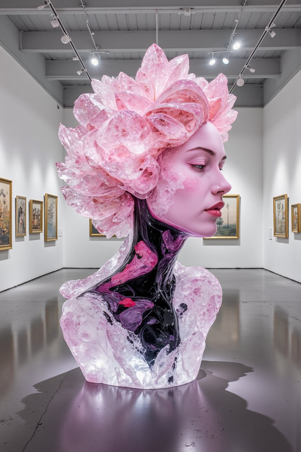 (masterpiece, high quality, 8K resolution). An abstract painting titled ‘Poison of Love.’ In the center stands a stunning crystal sculpture of a beautiful girl, shimmering with delicate pink hues that symbolize love. The crystal is intricately detailed, with facets that catch the light and sparkle brilliantly. Inside, a sinister black liquid swirls, contrasting sharply with the crystal’s soft glow, representing hidden toxicity. The minimalist background resembles an art exhibition, drawing full attention to the sculpture. The lighting is dramatic and focused, highlighting the crystal’s dazzling details and the haunting black liquid within, creating a powerful visual impact