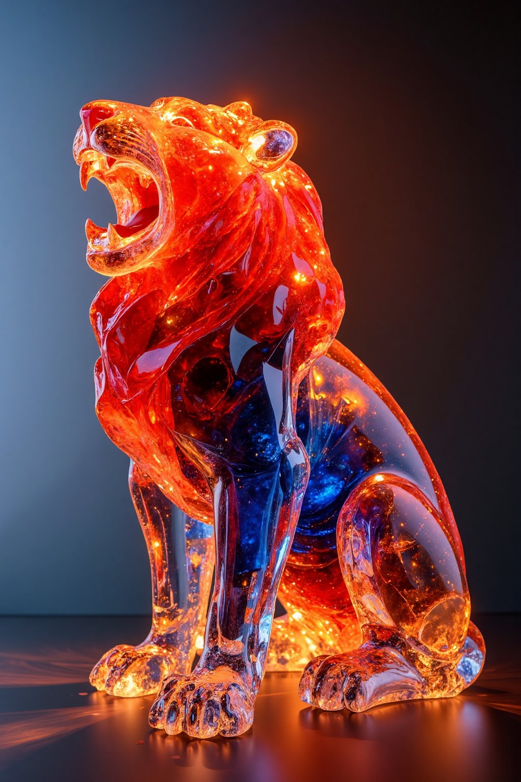 (masterpiece, high quality, 8K resolution). An abstract painting titled ‘Flame of Passion.’ At the center, a magnificent crystal sculpture of a roaring lion, radiating intense red hues symbolizing fervor and strength. The crystal's facets are meticulously crafted, capturing and reflecting light with fiery brilliance. Within the sculpture, a dark blue liquid swirls, contrasting with the vibrant red, representing concealed depth. The minimalist background resembles an art exhibition, directing full attention to the sculpture. Dramatic, focused lighting accentuates the crystal's intricate details and the enigmatic liquid inside, creating a striking visual effect.  