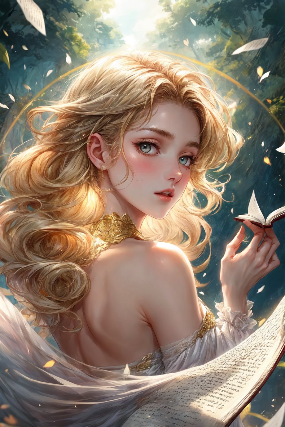 A serene shot of a single blonde-haired girl, her long locks cascading down her back like a golden waterfall. She stands alone, wearing a flowing white dress that showcases her bare shoulders and delicate skin. In one hand, she cradles an open book, its pages rustling softly in the gentle breeze as she becomes lost in the written words.