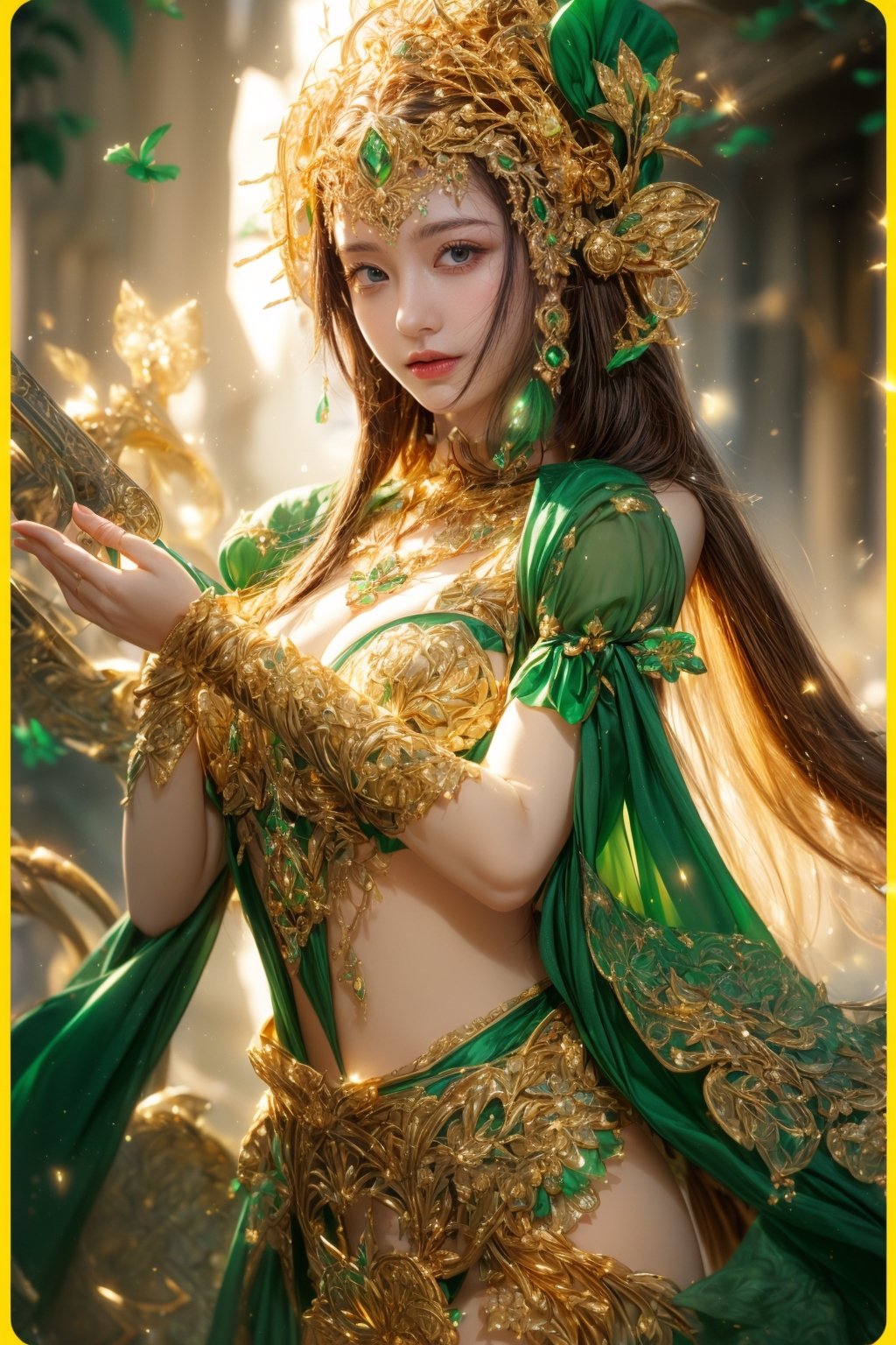 A beauty of golden,gold dress,celtic goddess style, st.patricks day theme,sle, masterpiece, detailed background,haven,mksks style,1 girl