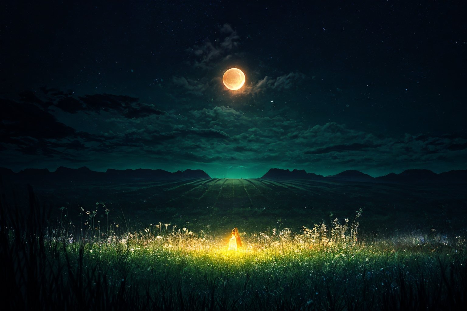 high quality, 8k, The girl stood atop the hillside, aligned with the moon that shone brightly, casting an aura of serene silence. Below, the moonlight spilled onto the lush green meadows, symbolizing a hopeful future, yet somehow dark and endless, like an abyss.

She stood there like a small mountain, distant from this world, her heart wandering far into the grasslands, her smile slowly fading away, reminiscent of dreams once vivid but now mere illusions.

The moonlight shadowed her form, turning the lively meadows into walls without doors, and she was the one who had to tread through the darkness, seeking the bright light of hope to fill her heart once more.