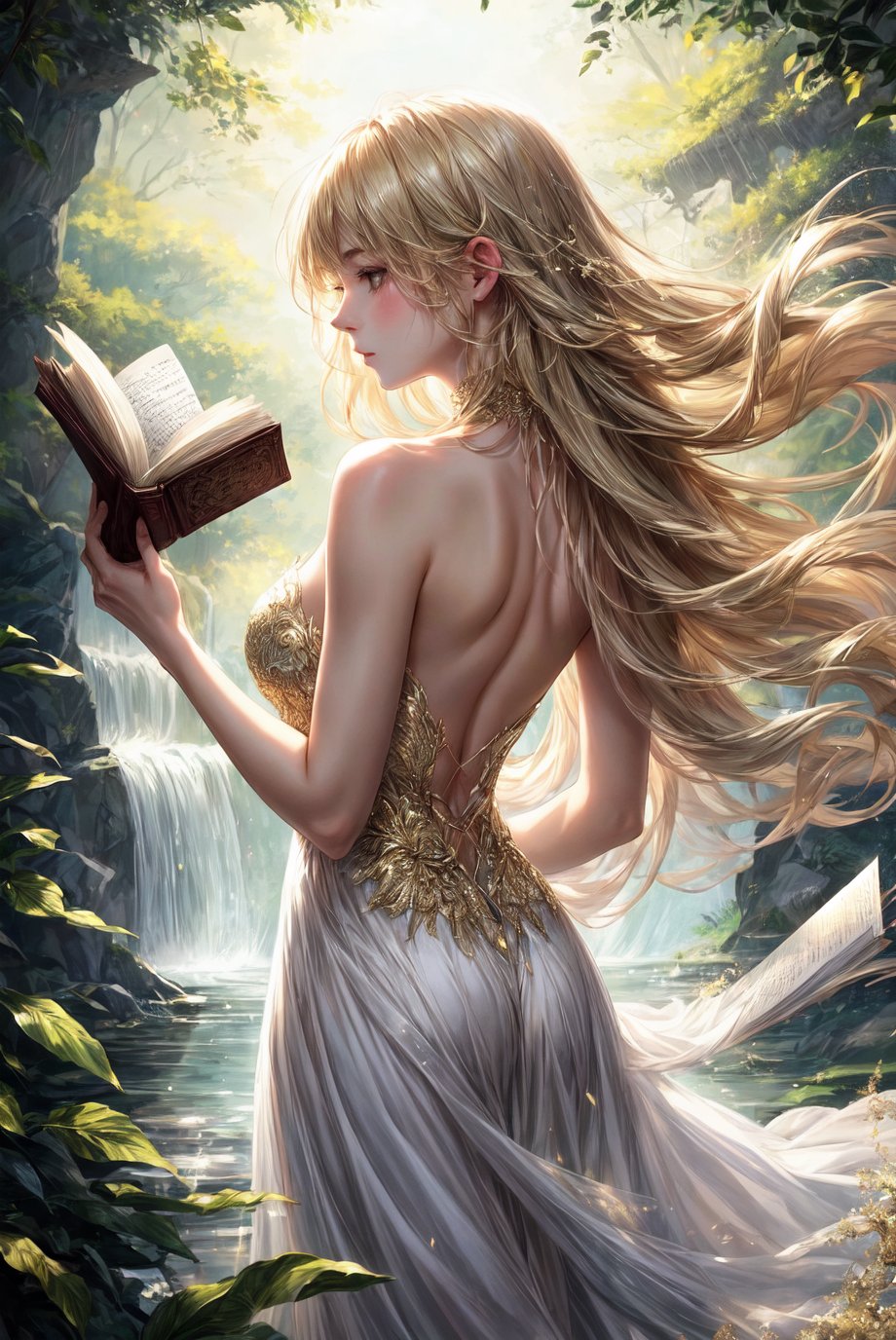 A serene shot of a single blonde-haired girl, her long locks cascading down her back like a golden waterfall. She stands alone, wearing a flowing white dress that showcases her bare shoulders and delicate skin. In one hand, she cradles an open book, its pages rustling softly in the gentle breeze as she becomes lost in the written words.