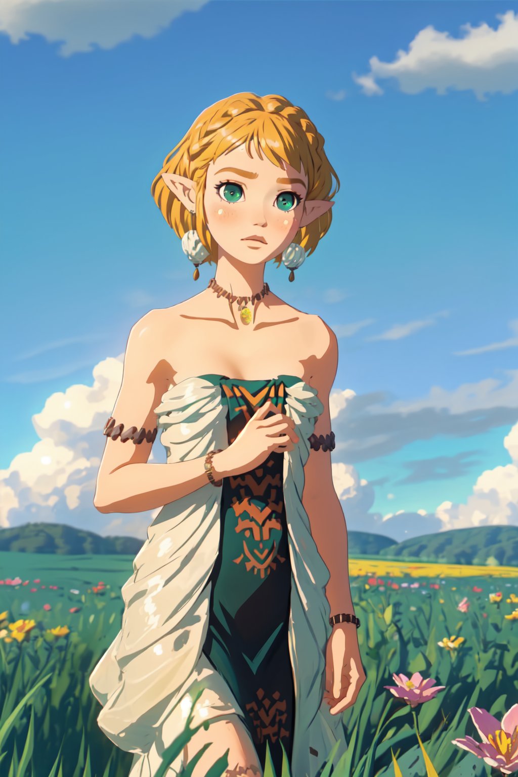 1 girl, short hair, blonde hair, jewelry, earrings, pointy ears, bare shoulders, green eyes, strapless, bracelet, nude, clavicle, blue sky, flower field, clouds, blush, flowing dress