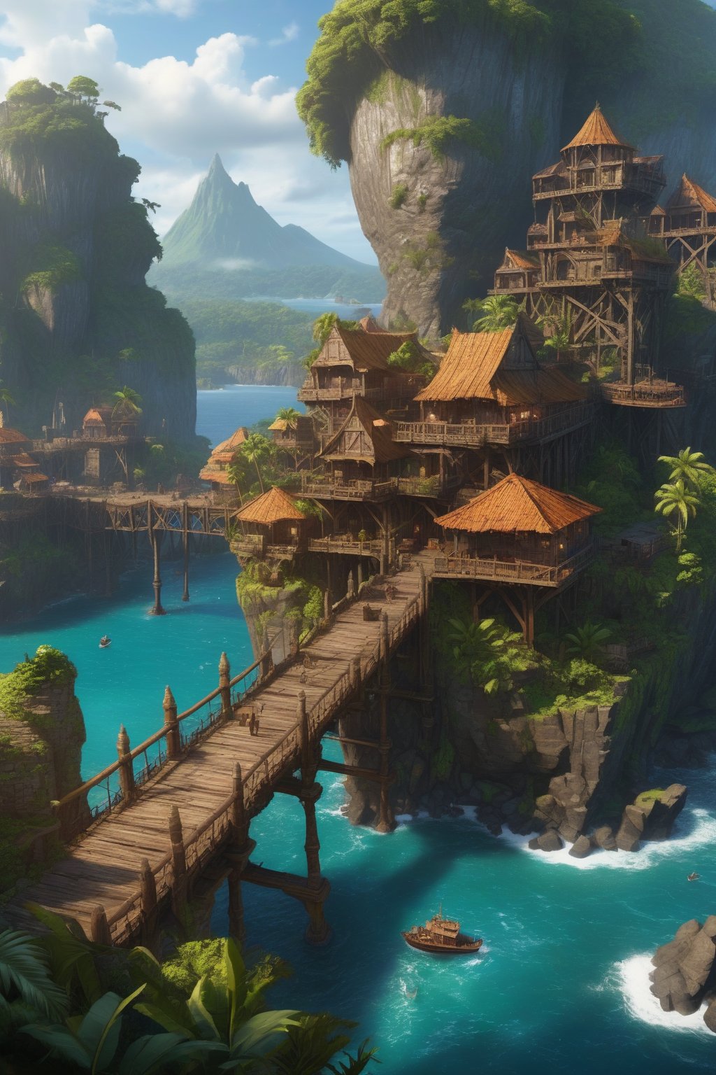 (Masterpiece),best quality,8k,hd,fantasy,coastal trade city on volcanic jungle island,old fortress,3 storie wooden houses,bridges,harbor with a few trade vessels,sugar fields,dense canopy, colony,this might be a dangerous place for a settlement,
Architectural100