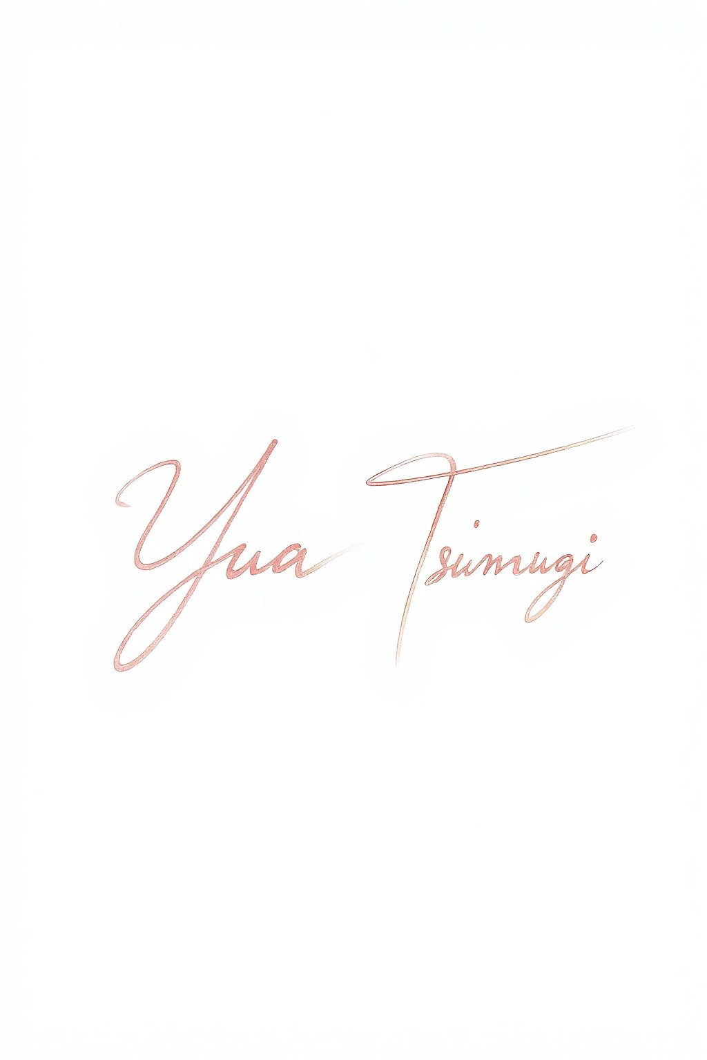 (masterpiece, high quality, ultra-detailed) A feminine artist's signature in elegant and delicate handwriting, gracefully writing the name "Yua Tsumugi" on a pristine white background. The signature is stylized with artistic flair, featuring gentle curves and smooth lines that convey beauty and sophistication. The writing is soft yet pronounced, emphasizing the elegance of each letter, with a refined and artistic touch that captures the essence of delicate craftsmanship.