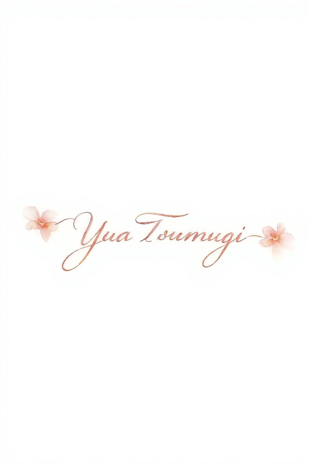 (masterpiece, high quality, ultra-detailed, 8K resolution) A delicate and elegant feminine artist signature, gracefully writing the name “Yua Tsumugi” in a beautiful cursive script. The signature flows with fine, sweeping strokes, exuding artistry and refinement. Each letter is crafted with precision, showcasing intricate and delicate flourishes. The white background is pristine and minimalist, emphasizing the signature as the focal point. The lighting is soft and radiant, accentuating the graceful curves and the shimmering ink as it dries, creating a serene and captivating visual impact.