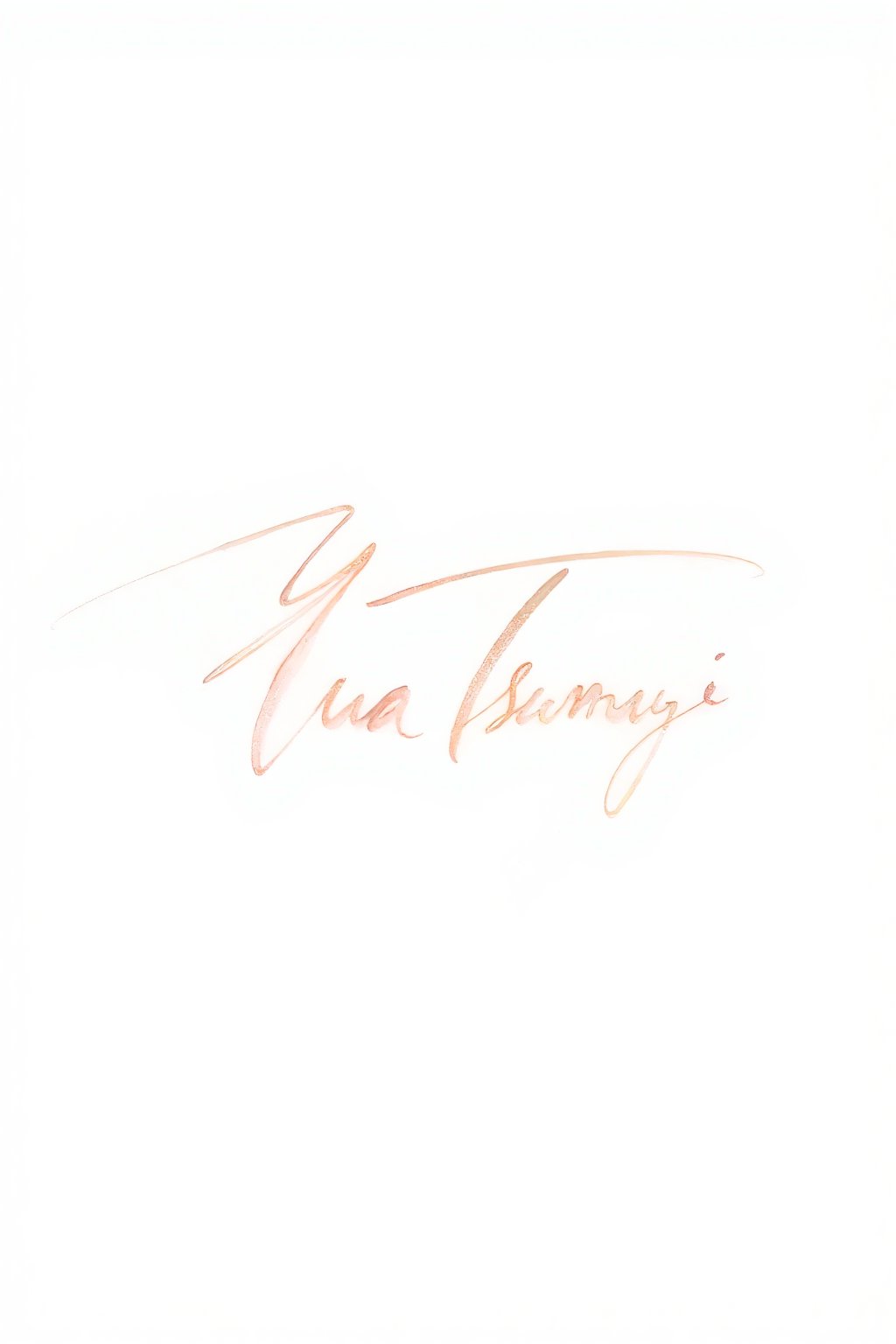 (masterpiece, high quality, ultra-detailed, 8K resolution) A delicate and elegant feminine artist signature, gracefully writing the name “Yua Tsumugi” in a beautiful cursive script. The signature flows with fine, sweeping strokes, exuding artistry and refinement. Each letter is crafted with precision, showcasing intricate and delicate flourishes. The white background is pristine and minimalist, emphasizing the signature as the focal point. The lighting is soft and radiant, accentuating the graceful curves and the shimmering ink as it dries, creating a serene and captivating visual impact.