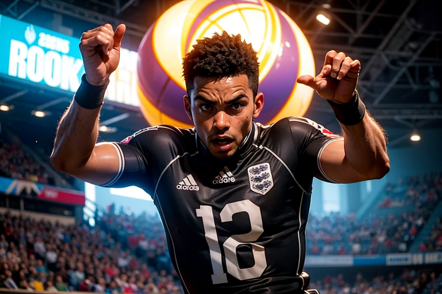 cinematic photo of Bellingham, solo, looking at viewer, brown eyes, male focus, dark-skinned and intense, scores for England in a European match. The camera captures the thrilling moment with a shallow depth of field, blurring the background as the ball flies towards the net. Bokeh lights illuminate the player's determined expression. The action-packed shot conveys dynamic energy, showcasing Bellingham's skillful movement amidst vibrant colors and a dramatic composition that immerses the viewer in the adrenaline-fueled atmosphere.