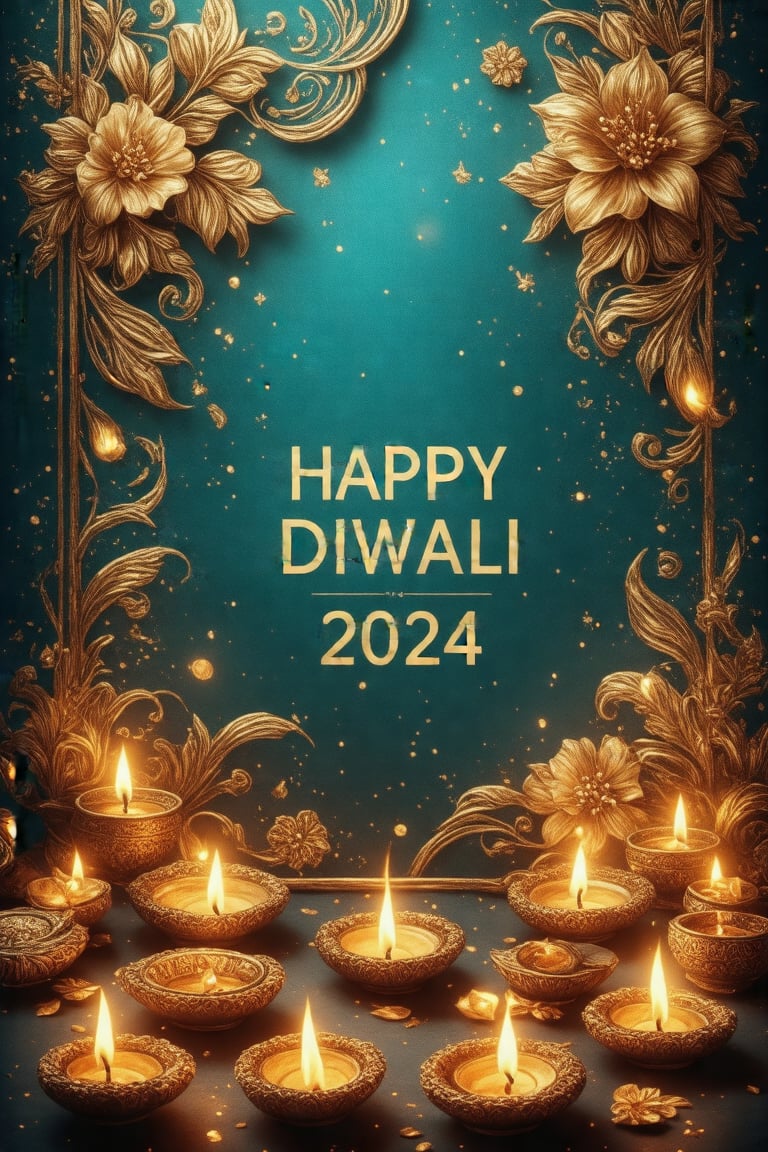 (diwali-inspired arrangement:1.5) of small oil lamps (diyas) delicately placed on a richly textured teal surface with intricate gold floral patterns and swirling celestial designs. The diyas emit a warm, golden glow, casting soft, flickering reflections on the surrounding surface. (Golden motifs:1.3) are finely detailed, adding depth and richness, and creating a sense of celebration and elegance. The teal background is subtly illuminated by the diya light, enhancing the vibrancy of the colors by Fateline. The text "HAPPY DIWALI 2024" is elegantly written in shimmering gold lettering across the top in an ornate, festive font, harmonizing with the intricate designs on the surface. Ultra-detailed, high quality, 8K resolution, (soft bokeh lighting in the background), no characters, no harsh shadows.