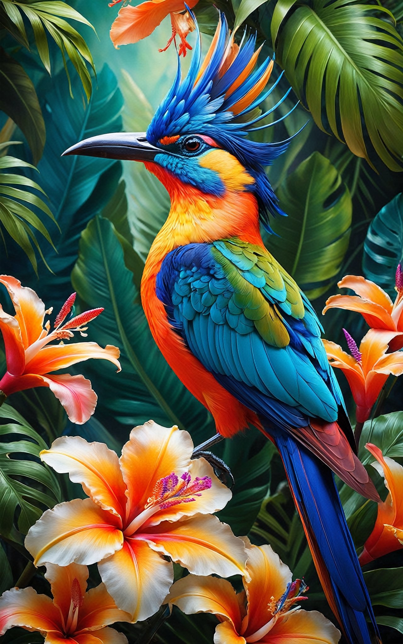 A breathtakingly beautiful tropical flower and a dazzling tropical bird are depicted in this stunning masterpiece. The intricate details of the tiny spirit female and the vibrant colors of the surroundings are captured with incredible precision in a wide-angle photograph of exceptionally sharp focus and high resolution. The image showcases the exquisitely delicate features of the flower and the mesmerizing plumage of the bird, creating a visual feast for the eyes. The high quality of this artwork allows viewers to fully appreciate the intricate beauty and colorful splendor of these tropical wonders.