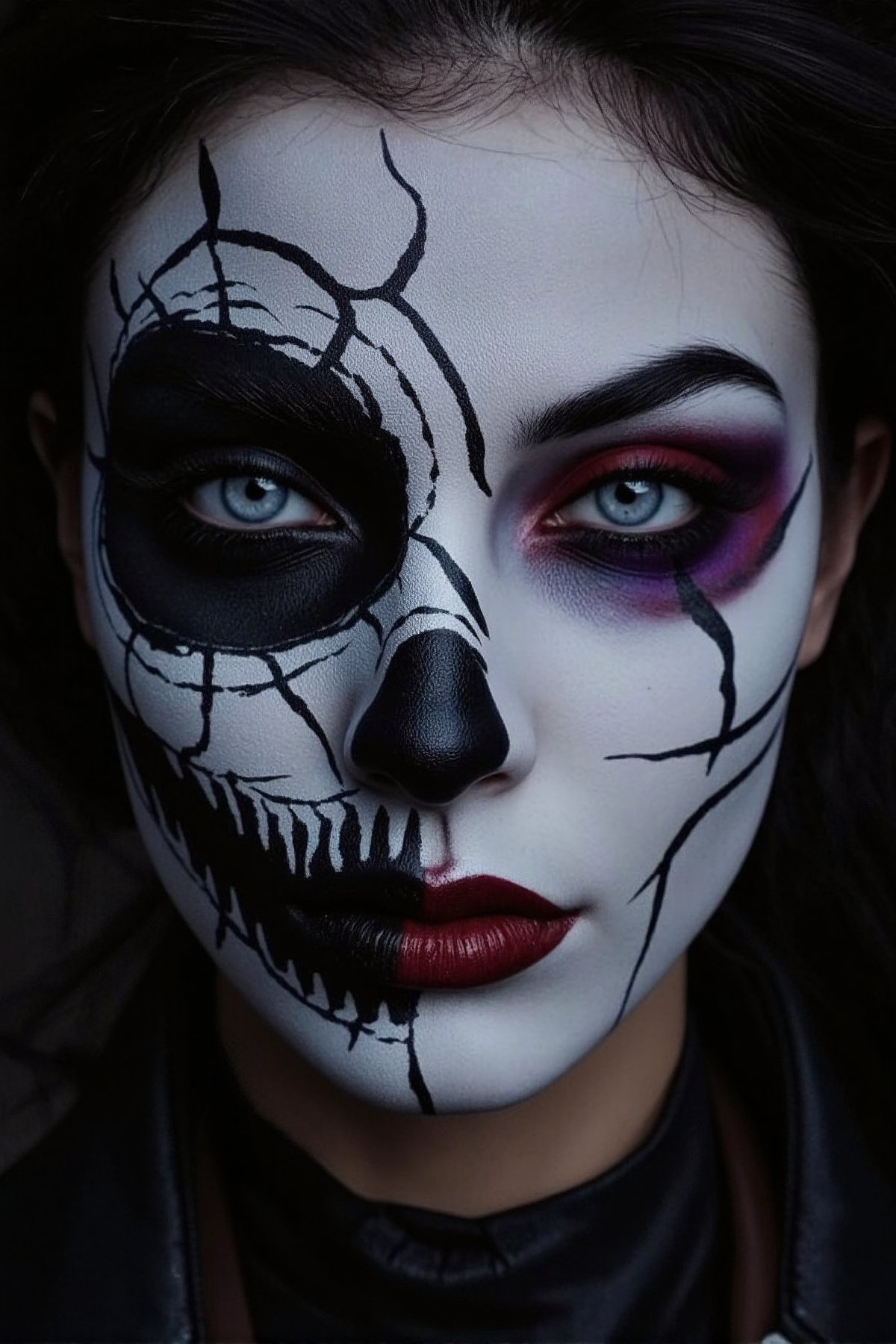 AA close-up portrait of a woman's face with intricate Halloween makeup, designed to be both eerie and artistic. Her skin is painted a pale, ghostly white with detailed, black spiderweb patterns stretching from her eyes across her cheeks. Her lips are dark, almost black, with subtle cracks forming as if her skin is breaking apart. Around her eyes, the makeup creates a hollow, sunken effect with red and purple tones blending into the shadows, adding depth and intensity by Fateline. The makeup also features small, detailed skull and bone motifs near her temples. Her hair is dark and wild, flowing loosely, adding to the unsettling look. The lighting is low and dramatic, casting shadows that highlight the intricate details. Ultra-detailed, 8K quality, with a hyper-realistic style, no distorted features, and no background distractions, focusing entirely on her haunting, carefully designed face.