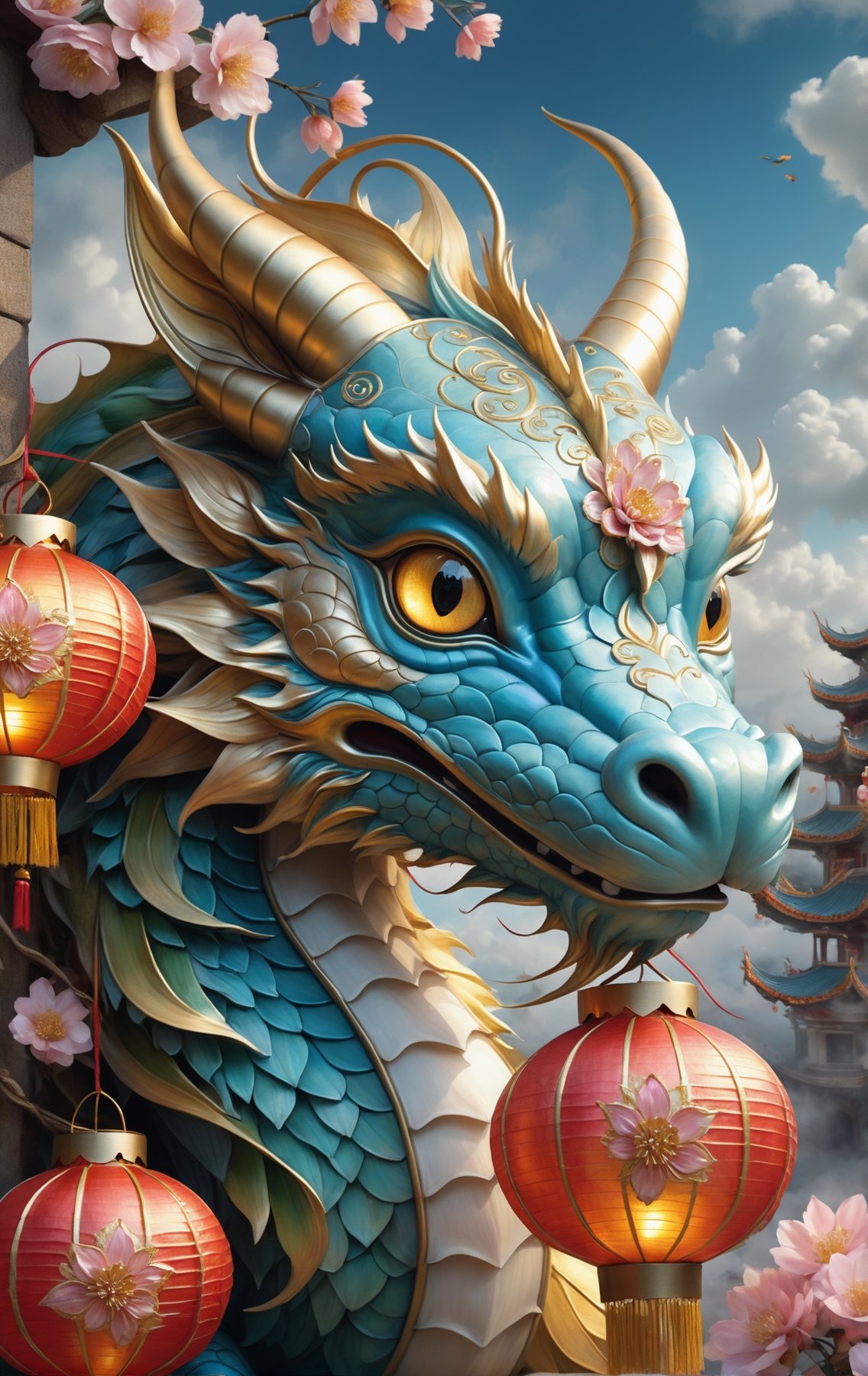 Close Up Cute And Adorable chinese Dragon ,  chinese lanterns,  town by Fateline on Tensor.Art