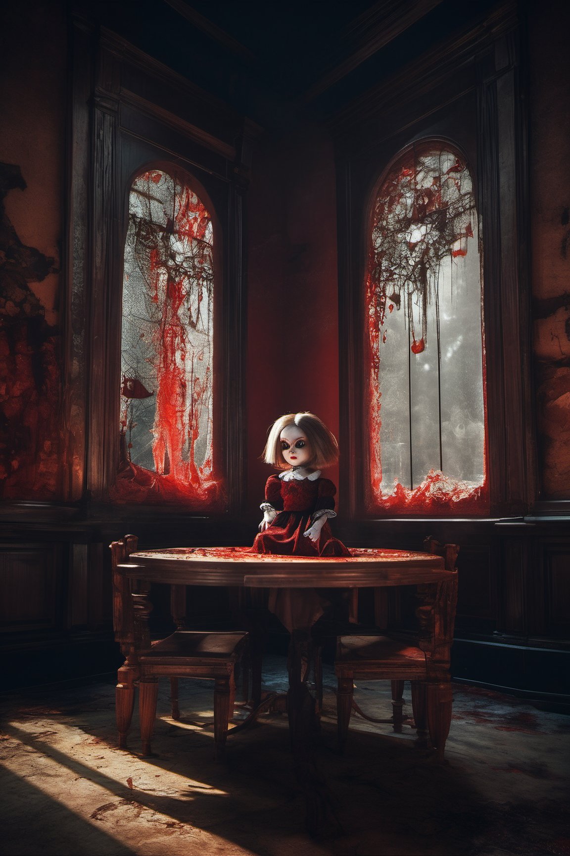 masterpiece, best quality, ultra detailed, a haunted girl doll sitting on the table, hollow eyes, blood, cobwebs, messy, doll, haunted, abandoned mansion, horror, scary, ghost, eerie, no humans, no light, by Nikola Avramov, retrofuturism, Andrey Tkachenko,artyom turskyi, cyber style, restomod, tag, 4 5 yo, zerochan, loadscreen”, album photo, 3 4 5 3 1, countdown, taxi, ad image, nature shadow , really render photography 