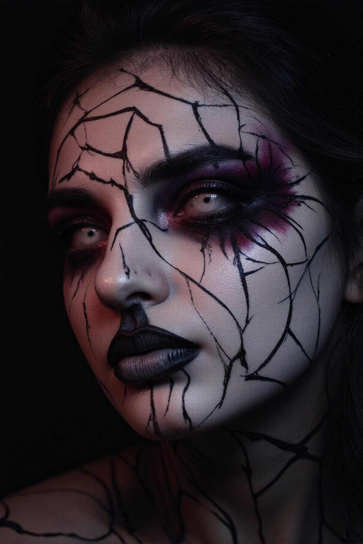 AA close-up portrait of a woman's face with intricate Halloween makeup, designed to be both eerie and artistic. Her skin is painted a pale, ghostly white with detailed, black spiderweb patterns stretching from her eyes across her cheeks. Her lips are dark, almost black, with subtle cracks forming as if her skin is breaking apart. Around her eyes, the makeup creates a hollow, sunken effect with red and purple tones blending into the shadows, adding depth and intensity by Fateline. The makeup also features small, detailed skull and bone motifs near her temples. Her hair is dark and wild, flowing loosely, adding to the unsettling look. The lighting is low and dramatic, casting shadows that highlight the intricate details. Ultra-detailed, 8K quality, with a hyper-realistic style, no distorted features, and no background distractions, focusing entirely on her haunting, carefully designed face.