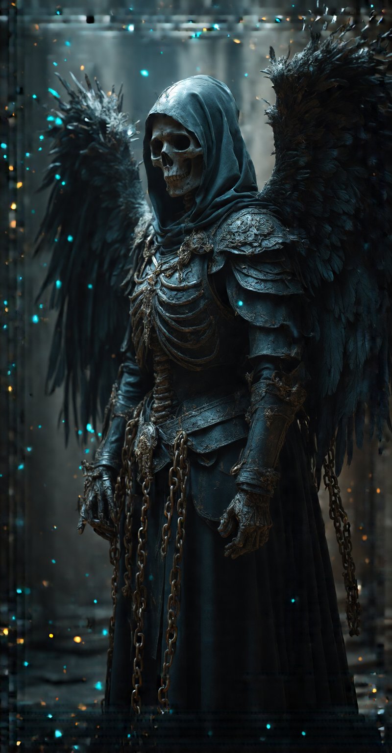 A haunting, masterfully detailed portrayal of a reaper angel with a fully visible skeletal face, illuminated by an eerie, ghostly cerulean glow. The dark, gothic armor is intricately designed with sharp spikes and engraved patterns, each detail in sharp focus and accented with striking cerulean hues. The figure stands in a powerful, dynamic pose, one arm outstretched and wrapped in heavy, rusted chains that cascade downward, creating a sense of fluid movement by Fateline. The skeletal face, exposed beneath the hood, stares out with empty, piercing eye sockets that glimmer faintly with an otherworldly light, enhancing the figure's intimidating presence. Large, raven-black wings extend from its back, each feather tinged with cerulean highlights that shimmer in the soft, ethereal light. These luminous tones balance against deep blacks and grays, casting an otherworldly glow over the reaper’s entire form, enhancing its spectral essence. The background fades into the shadowed depths of an ancient cathedral-like space, allowing the angelic reaper to dominate the scene with supernatural power. Tiny particles of dust and light float around the figure, sparkling softly, as if the very air is filled with whispered souls and memories. The entire scene is enveloped in a high-contrast, cinematic atmosphere, capturing the terrifying beauty and transcendent elegance of this spectral guardian.