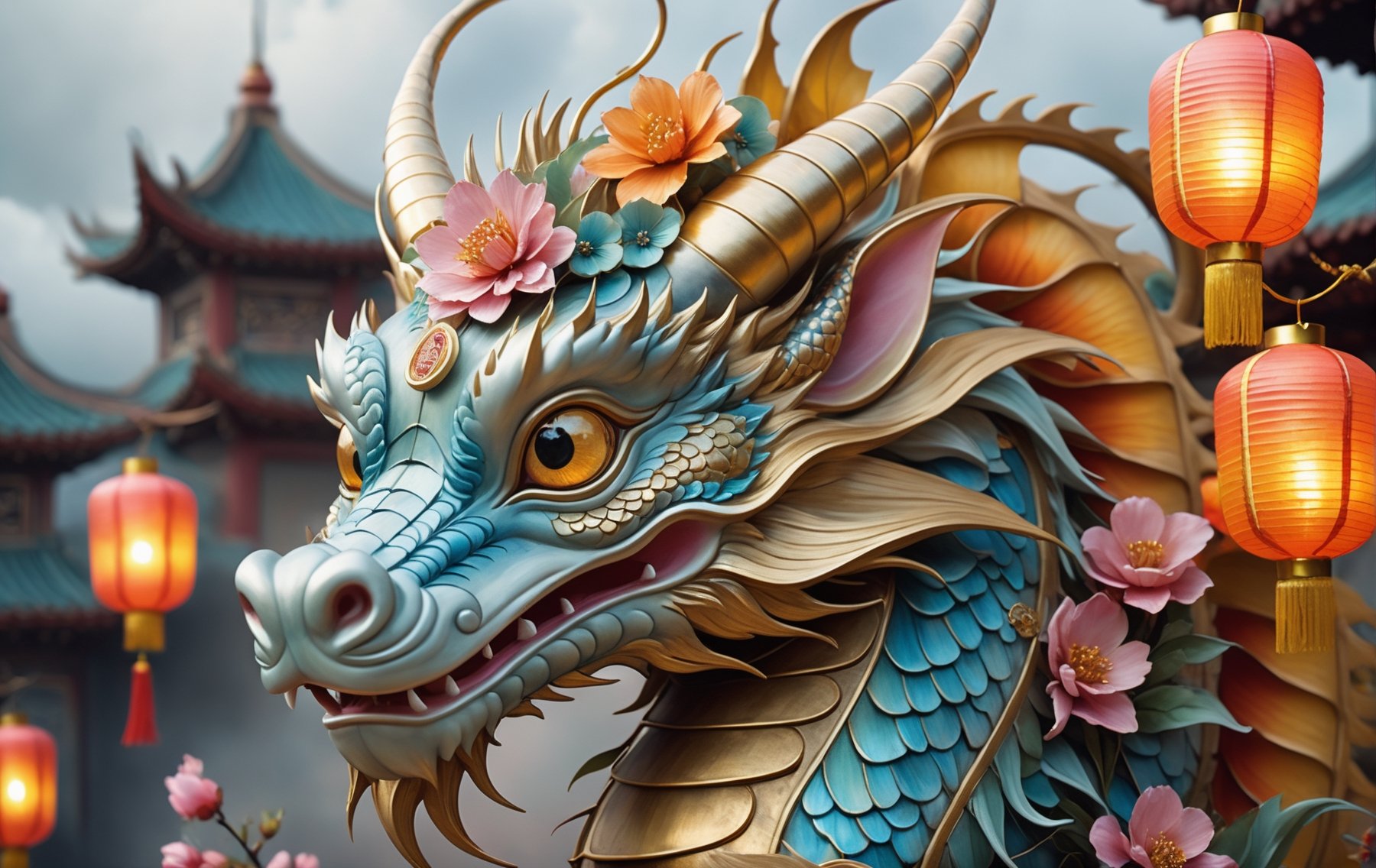Close Up Cute And Adorable chinese Dragon ,  chinese lanterns,  town by Fateline on Tensor.Art