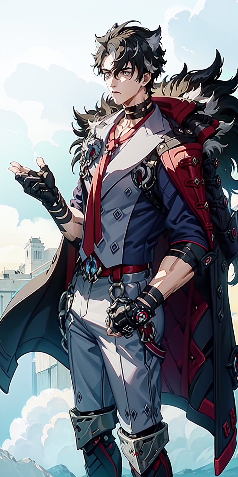 on boy standing up near a steampunk mecha,handsome,male focus, black hair, short hair, blue eyes, choker, red necktie, short sleeves, black gloves, shirt, coat, belt, grey pants, fur trim, muscular male,wriothesley