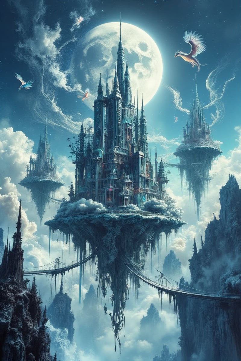 Surrealist painting of multiple floating cities in the sky, each built atop massive retro-futuristic flora with metallic roots and glass-like leaves, merging seamlessly with intricate architectural structures. Feathered dragons with iridescent plumage soar playfully between the cities, leaving trails of soft light. The full moon, large and luminous, illuminates the scene from behind, casting ethereal shadows in deep indigo and twilight blue. Watercolor textures blend the organic and architectural elements by Fateline, with clouds wrapping gently around the spires of the floating islands. Hanging bridges connect the islands, swaying slightly in the wind, creating a dreamlike atmosphere. (moon :1.2), (dragons :1.3), [islands].