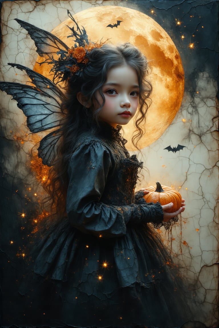 A full-body portrait of a charming dark princess chibi girl with a gothic, cute aesthetic and long, curly hair, dressed in whimsical, Kewpie fairy-inspired Halloween attire. The artwork, inspired by Fateline, is rendered in a fluid, detailed painting style on antique, cracked, and burned paper. The composition blends abstract expressionism with eerie vintage vibes, captured through cinematic double exposure with ink and watercolor. Her transparent, liquid-like skin radiates an astral glow, with close-up details of her face and hands that reveal an ethereal aura. This piece embodies a masterpiece of dynamic movement and intricate play of lights and shadows, enhanced by expressive brushstrokes reminiscent of Kuindzhi, Dan Mumford, and Andy Kehoe. The background sparkles with glowing stars and high transparency, deep cinematic tones, and a hauntingly magical atmosphere.