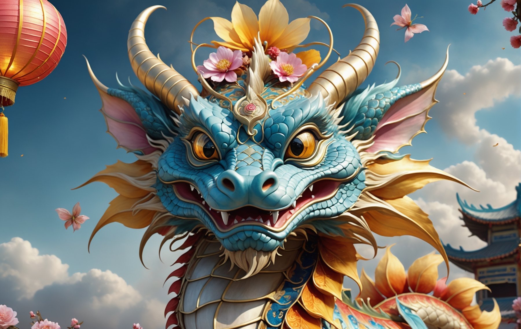 Close Up Cute And Adorable chinese Dragon ,  chinese lanterns,  town by Fateline on Tensor.Art