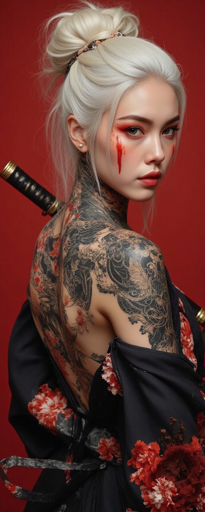 A striking portrait of a fierce, pale-skinned warrior woman with platinum-white hair tied up messily, wearing dark traditional Japanese robes adorned with vivid red floral patterns. Her intense gaze is framed by red eye makeup that extends dramatically, resembling bloodstreaks under her eyes. Her exposed back displays intricate black and gray tattoos of dragons and mythical symbols, adding an aura of mystery and strength by Fateline. She holds a beautifully crafted katana across her shoulder, the hilt wrapped in black and red, with ornate golden details. The background is a solid, intense crimson red, enhancing the powerful and dramatic mood of the scene. Ultra-detailed, high quality, 8K resolution, (soft lighting to highlight her expression and tattoos), no distorted features.