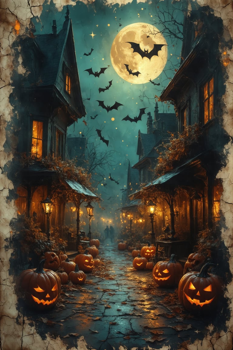 An atmospheric Halloween street scene filled with realistic, detailed, and elegant Halloween elements like bats and eerie decorations, inspired by the style of Fateline. The artwork is a fluid, intricate painting on antique, cracked, and burned paper, capturing an abstract expressionist vibe with vintage, cinematic double exposure. The piece showcases close-up elements, with transparent textures, glowing stars, and an astral aura, conveying the magic of Halloween night. Expressive brushstrokes reminiscent of Kuindzhi, Dan Mumford, and Andy Kehoe blend with dynamic lighting and shadow play, adding depth and a hauntingly cinematic quality. The intricate detailing, transparency, and masterful use of shadow sparks create a rich, enchanting Halloween ambiance.