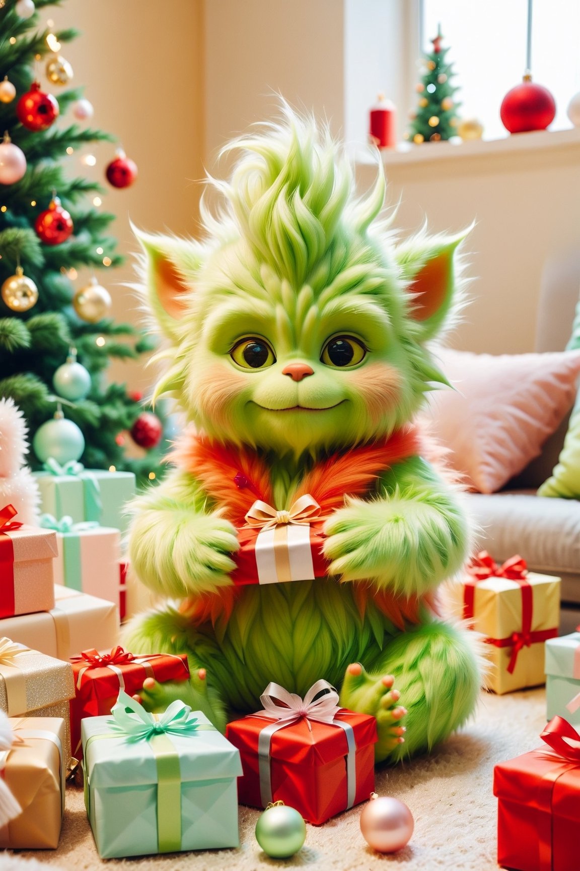 Fluffy baby Grinch opening gifts for Christmas,  pastel colors,  complementary colors by Fateline on Tensor.Art