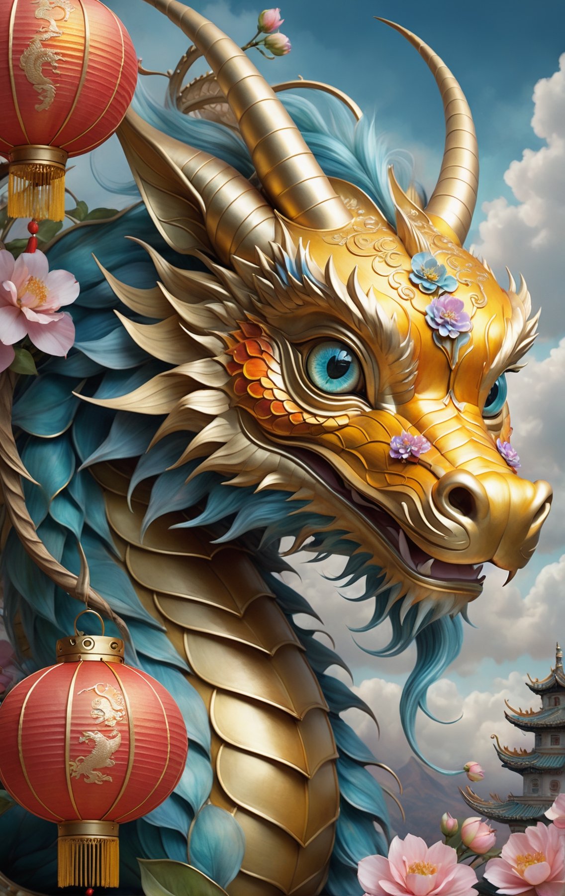 Close Up Cute And Adorable chinese Dragon ,  chinese lanterns,  town by Fateline on Tensor.Art