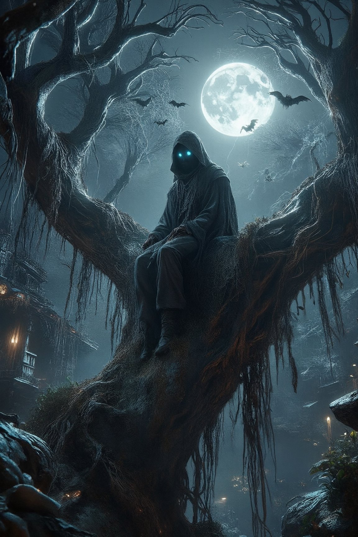 A hooded figure sits on the edge of a gnarled, ancient tree, its twisted branches reaching out like skeletal arms. The figure’s dark cloak billows in the wind, creating flowing, dynamic movement. Bats swirl around the tree, their wings creating eerie shadows in the moonlight. Spiders weave delicate webs among the tree branches, adding a sense of mystery by Fateline. The figure’s glowing blue eyes pierce through the darkness, casting an otherworldly light. Above, a full moon bathes the entire scene in a cold, silver glow, illuminating the scene with a mystical atmosphere. Ultra detailed, fantasy art, no deformed features, 8K quality. (hooded figure:1.5), (glowing eyes:1.2), [spiders]. dynamic Angle, high-resolution camera, Perspective