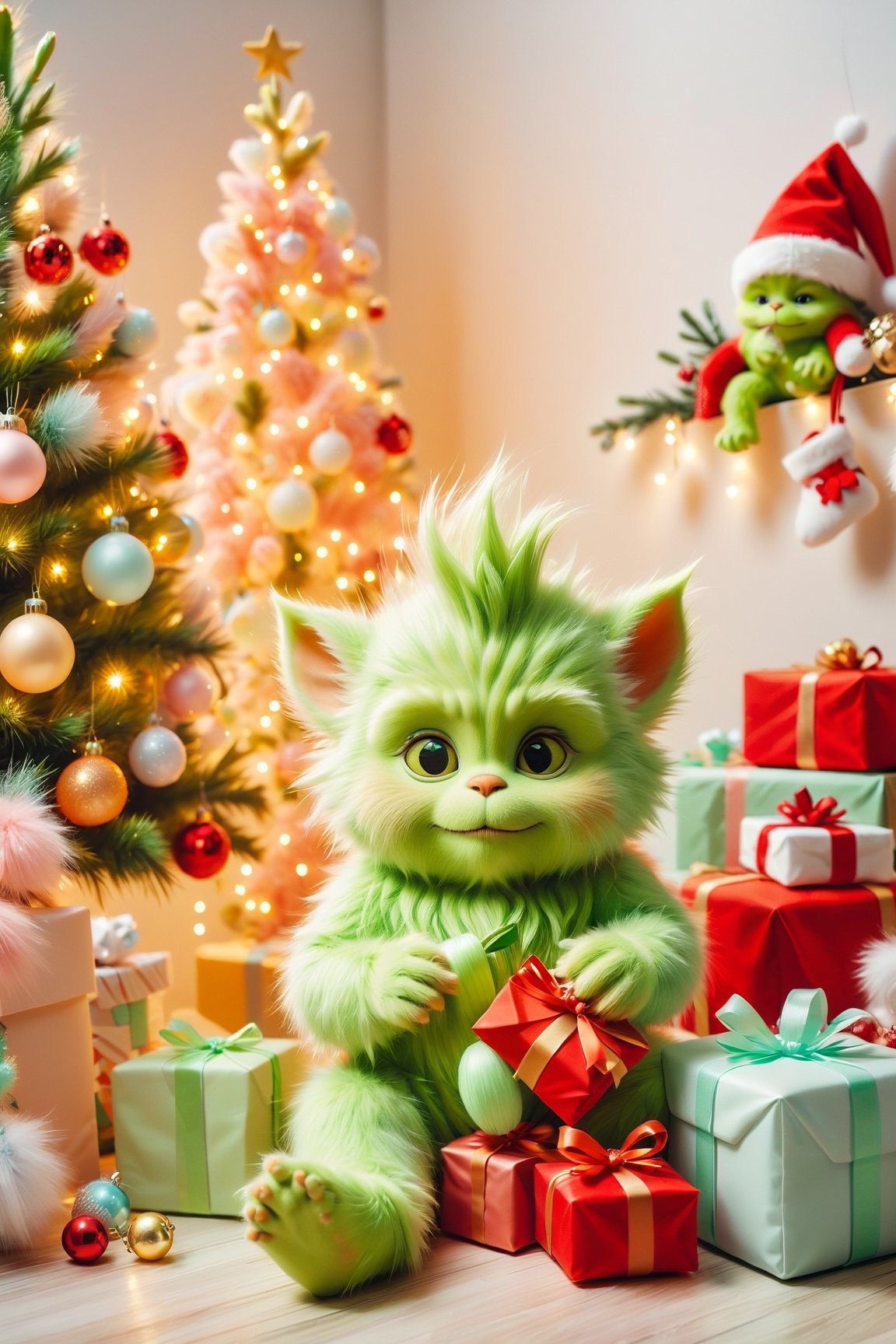 Fluffy baby Grinch opening gifts for Christmas,  pastel colors,  complementary colors by Fateline on Tensor.Art