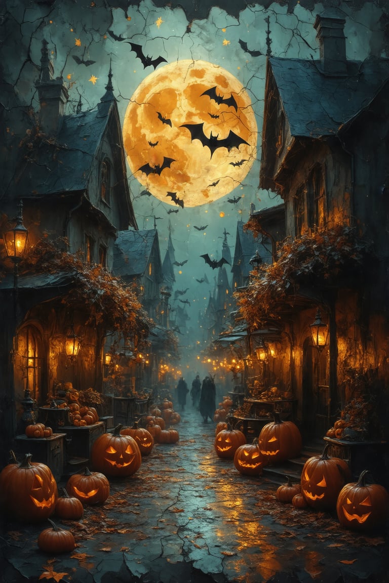 An atmospheric Halloween street scene filled with realistic, detailed, and elegant Halloween elements like bats and eerie decorations, inspired by the style of Fateline. The artwork is a fluid, intricate painting on antique, cracked, and burned paper, capturing an abstract expressionist vibe with vintage, cinematic double exposure. The piece showcases close-up elements, with transparent textures, glowing stars, and an astral aura, conveying the magic of Halloween night. Expressive brushstrokes reminiscent of Kuindzhi, Dan Mumford, and Andy Kehoe blend with dynamic lighting and shadow play, adding depth and a hauntingly cinematic quality. The intricate detailing, transparency, and masterful use of shadow sparks create a rich, enchanting Halloween ambiance.