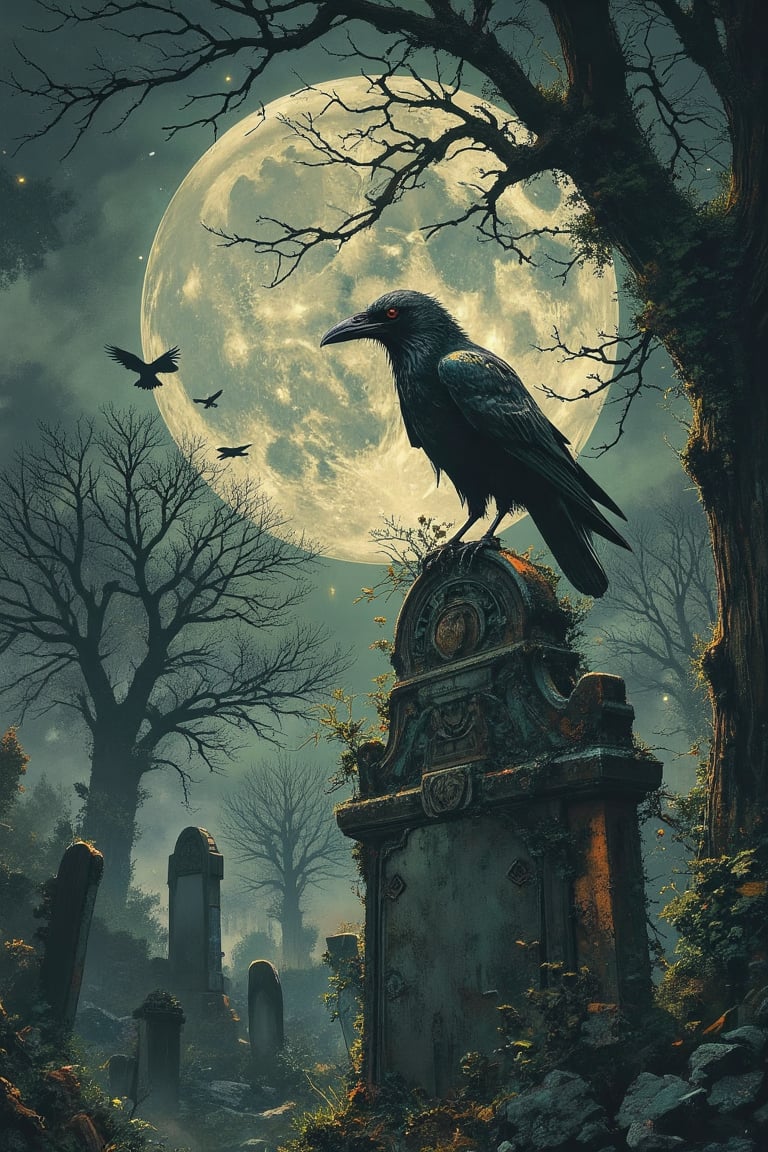 Dark, misty cemetery scene under a full moon, with a large, weathered tombstone in the foreground covered in creeping ivy and moss. A single raven perches ominously on top, its feathers glistening under the eerie moonlight. The moon is large and bright, casting a cold, pale glow over the scene, creating elongated shadows from surrounding tombstones. In the background, skeletal, leafless trees reach up, their twisted branches blending with the mist, while faint silhouettes of other ravens fly across the night sky by Fateline. The atmosphere is haunting, with a sense of quiet desolation. Ultra-detailed, high resolution (8K), realistic textures, with no human presence, capturing a gothic, unsettling ambiance. (tombstone :1.5), (raven :1.2), [background tombstones].
