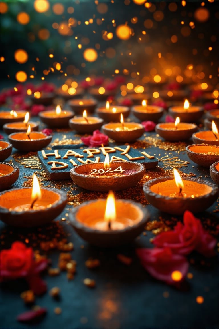 A vibrant Diwali-themed background featuring rich, festive colors like gold, red, and deep blue, filled with glowing diyas, intricate rangoli patterns, and sparkling lights. At the center, bold, elegant text reads "HAPPY DIWALI 2024" in bright gold letters, radiating warmth and joy. Fireworks burst in the distance, adding a sense of celebration and grandeur by Fateline. The overall atmosphere is filled with light, joy, and the essence of Diwali festivity, perfect for capturing the spirit of this beautiful festival. Ultra-detailed, sharp, 8K quality. (center text: 1.5), [background elements].