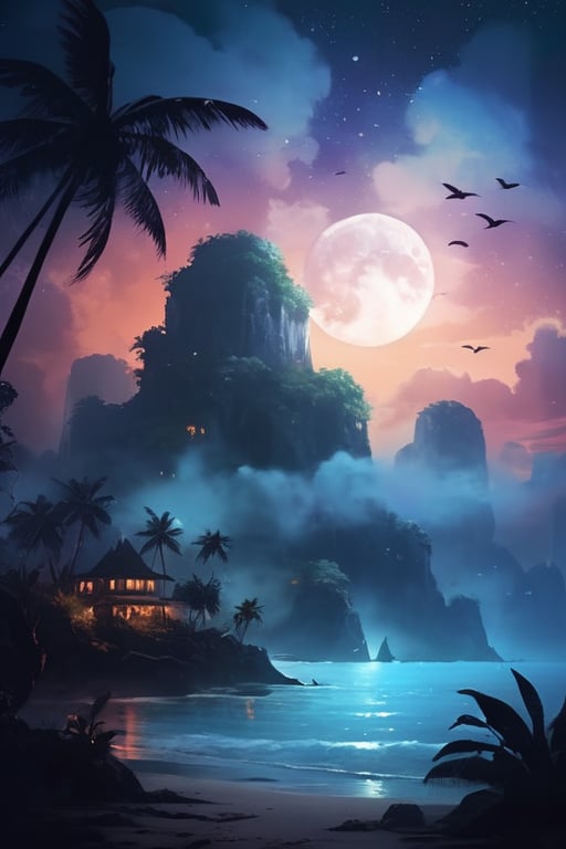 a mistery tropical  island, at night, moon , dark , fog , birds in the sky