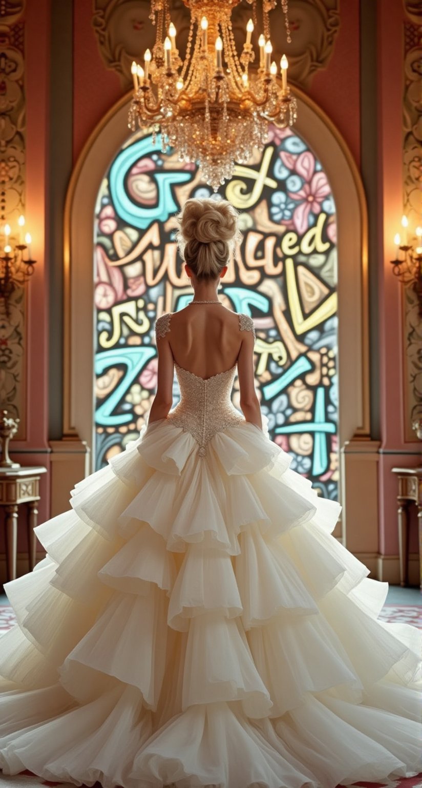 A striking woman dressed as a beautiful bride stands in a beautiful wedding hall, her large hair is  pompadour and nice. On background big multicolored letters "Get Married in2024". in the style of morris escher 