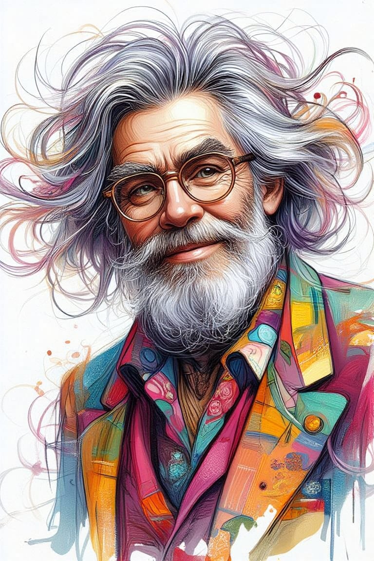 old man. Rasputin , long wind-blown hair,stylish glasses,sweet radiant smile,stylish old fashion outfit,in simples line art
,dynamic pose ,vibrant pallete colors
splashes,joyful atmosphere, vector
illustration, isolated graphic,white
background,fauvism,Whimsical Kiko,Digital Illustration,FineArt 