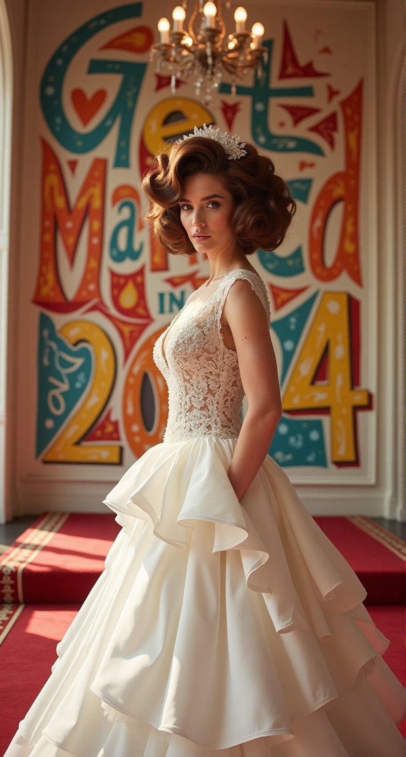 A striking woman dressed as a beautiful bride stands in a beautiful wedding hall, her large hair is  pompadour and nice. On background big multicolored letters "Get Married in2024". in the style of morris escher 