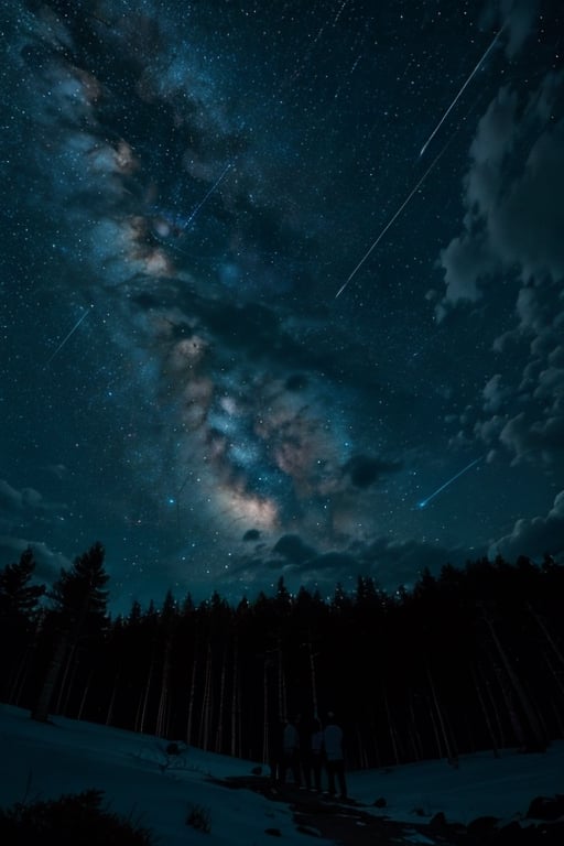 Men standing on the mountain looking up at the sky.mid night.  Blue light. Blue night. Jungle of  Pine trees and the sky full of stars