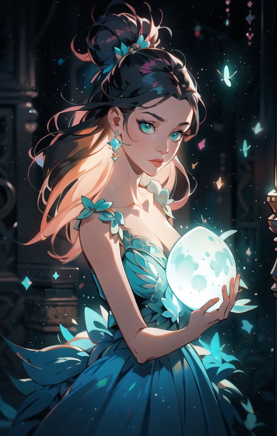 The best quality,superrealism,(ultra detailed face),(perfectly drawn body),surreal digital illustration of a libra zodiac sign princess,majestic flowing black hair,beautiful celestial princess,opalescent translucent iridescent dress, beautiful green eyes,edgy hair bun with big bow,elegant,sophisticated,retrofuturism, romantic academia aesthetic, drawing, surrealism, magic realism, pop surrealism, ethereal, visual delirium,full beauty, full_body,full shot,painting on canvas, detailed, intricate, cute, white lilac orange blue fuchsia colors, bright vivid gradient colors, by Mindy Sommers, by Jantina Peperkamp, by Olga Esther , by Veronica Minozzi, by Olga Shvartsur, by Gilbert Williams, masterpiece, award winning,perfectly detailed.