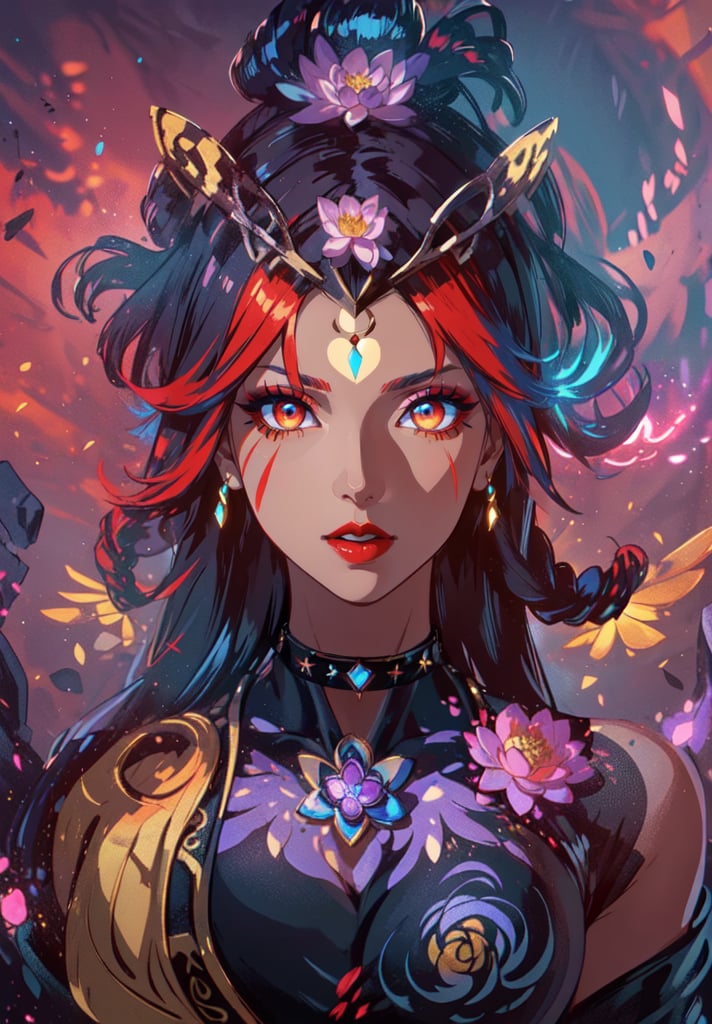 ((masterpiece,high quality:1.4)),(highres:1.2),1 young woman,(ultra detailed face:1.6),(large breast:1.2),(ultra detailed body:1.4),(full_body) full shot,logo hair ornament,fur,beautiful necklaces,plum blossoms,(glowing energy:1.4),lotus flower crown,magic,looking at viewer,beautiful background,(multicolored hair:1.2,(longhairstyle,colorful_hair:1.4),seductive,beautiful makeup,thick red lips,eyeliner,parted lips,(dynamic pose),dynamic angle,unstrapped,glowing eyes,choker,guiltys.