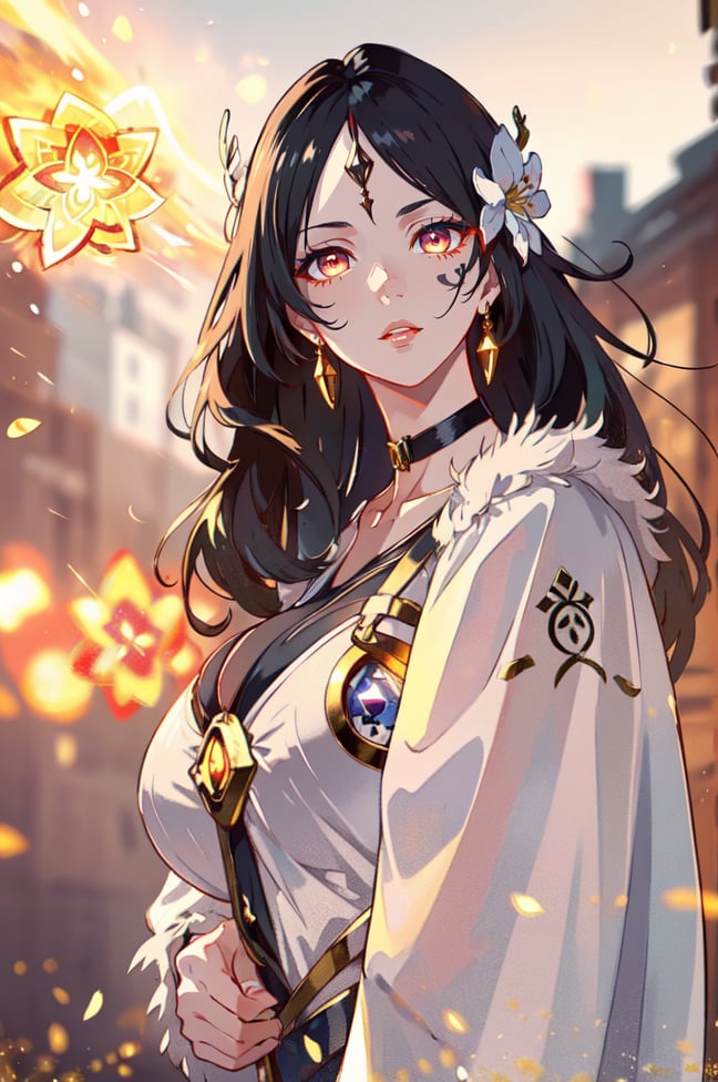 ((masterpiece,high quality:1.4)),(highres:1.2),1 young woman,(ultra detailed face:1.6),(large breast:1.4),full shot,logo hair ornament,fur,beautiful necklaces,plum blossoms,(glowing chakra symbols:1.4),magic,looking at viewer,beautiful background,(longhairstyle,colorful_hair:1.2),seductive,beautiful makeup,thick red lips,eyeliner,parted lips,walkure /(takt op./),dynamic pose,dynamic angle,unstrapped,glowing eyes,choker.