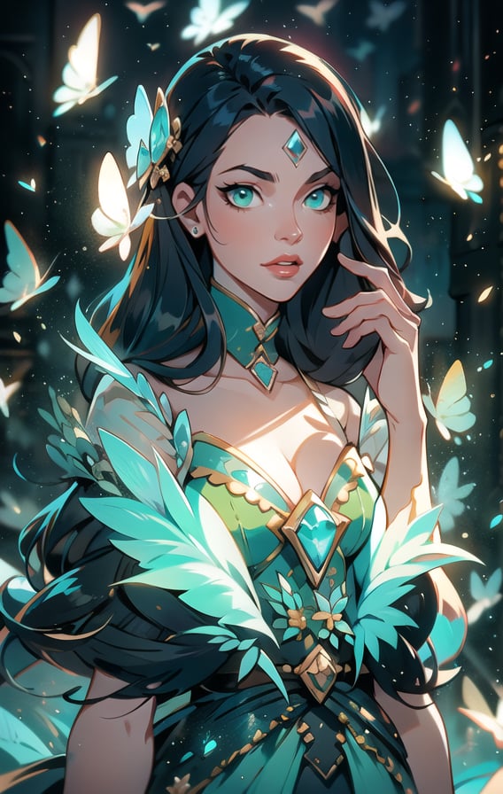 The best quality,superrealism,(ultra detailed face),(perfectly drawn body),surreal digital illustration of a libra zodiac sign princess,majestic flowing black hair,beautiful celestial princess,opalescent translucent iridescent dress, beautiful green eyes,edgy hair bun with big bow,elegant,sophisticated,retrofuturism, romantic academia aesthetic, drawing, surrealism, magic realism, pop surrealism, ethereal, visual delirium,full beauty, full_body,full shot,painting on canvas, detailed, intricate, cute, white lilac orange blue fuchsia colors, bright vivid gradient colors, by Mindy Sommers, by Jantina Peperkamp, by Olga Esther , by Veronica Minozzi, by Olga Shvartsur, by Gilbert Williams, masterpiece, award winning,perfectly detailed.