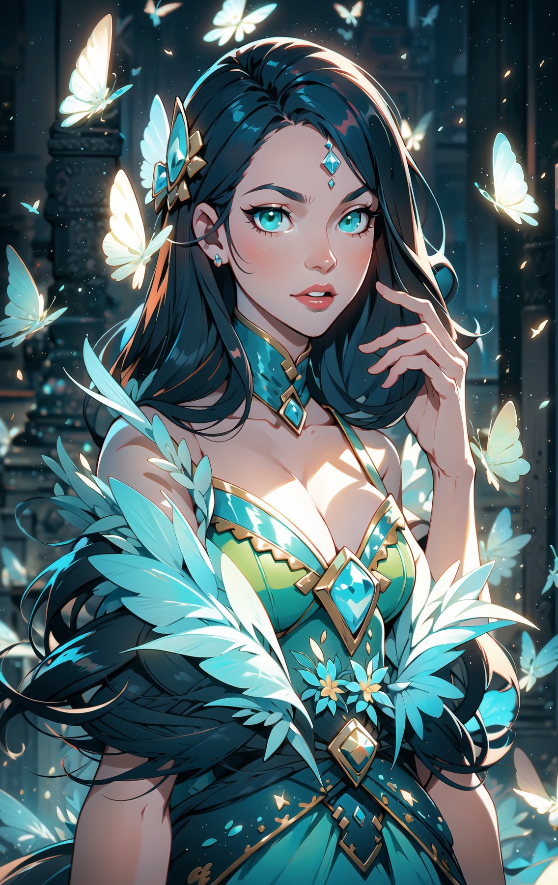 The best quality,superrealism,(ultra detailed face),(perfectly drawn body),surreal digital illustration of a libra zodiac sign princess,majestic flowing black hair,beautiful celestial princess,opalescent translucent iridescent dress, beautiful green eyes,edgy hair bun with big bow,elegant,sophisticated,retrofuturism, romantic academia aesthetic, drawing, surrealism, magic realism, pop surrealism, ethereal, visual delirium,full beauty, full_body,full shot,painting on canvas, detailed, intricate, cute, white lilac orange blue fuchsia colors, bright vivid gradient colors, by Mindy Sommers, by Jantina Peperkamp, by Olga Esther , by Veronica Minozzi, by Olga Shvartsur, by Gilbert Williams, masterpiece, award winning,perfectly detailed.