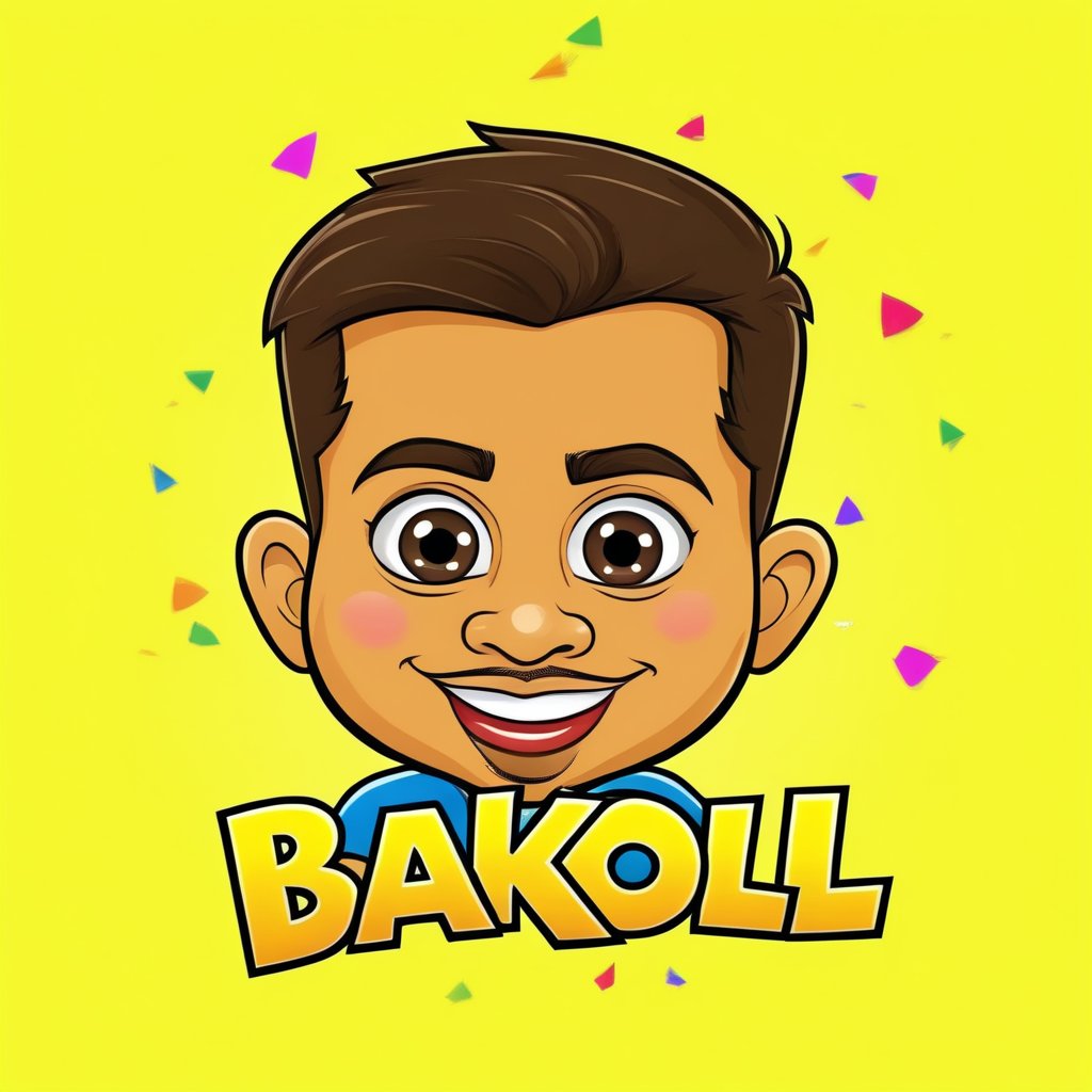 A cartoon logo depicting a playful, mischievous (((बकLol))) with a bright smile and wide eyes, surrounded by colorful confetti and balloons. The logo features bold lines and vibrant colors, with the main subject's arms outstretched as if holding a giant HAHA sign. Framed against a sunny yellow background with white clouds, the composition is playful and energetic, evoking feelings of joy and silliness.