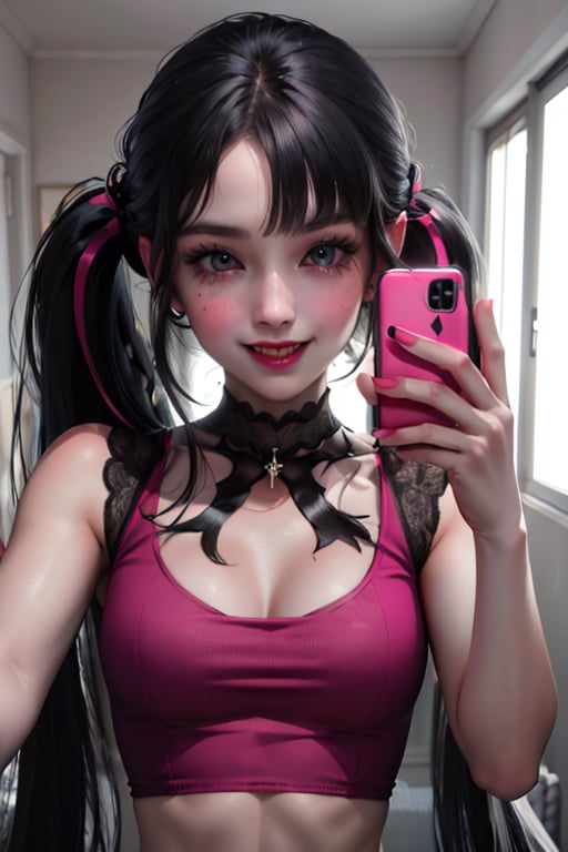 ((masterpiece,best quality)), absurdres, draculaura_mh, pink top, upper body, extremely detailed face, smile, blushing, selfie, holding phone, 