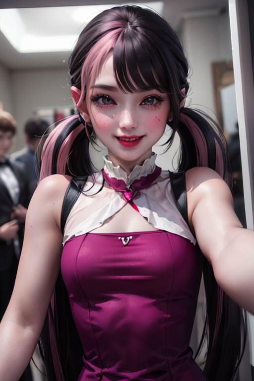 ((masterpiece,best quality)), absurdres, draculaura_mh, pink top, upper body, extremely detailed face, smile, blushing, selfie, holding phone, 