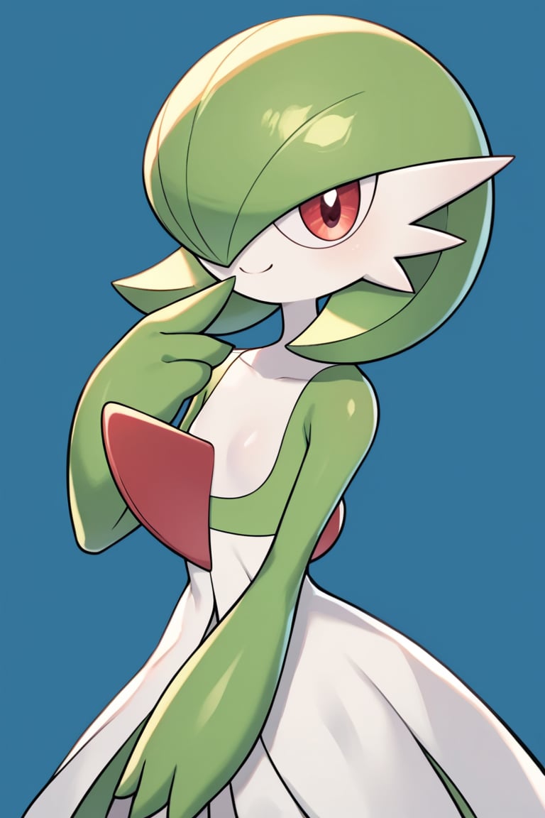 score_9, score_8_up, score_7_up, 1girl, gardevoir, arm_at_side, blue_background, bob_cut, closed_mouth, request_comment, flat_chest, side_view, green_hair, green_skin, hair_over_one_eye, hand_on_mouth, hand_up, happy, looking_at_viewer, one_eye_covered, biased_comment, pokemon_(creature), red_eyes, short_hair, smile, alone, standing, two_tone_skin, white_skin