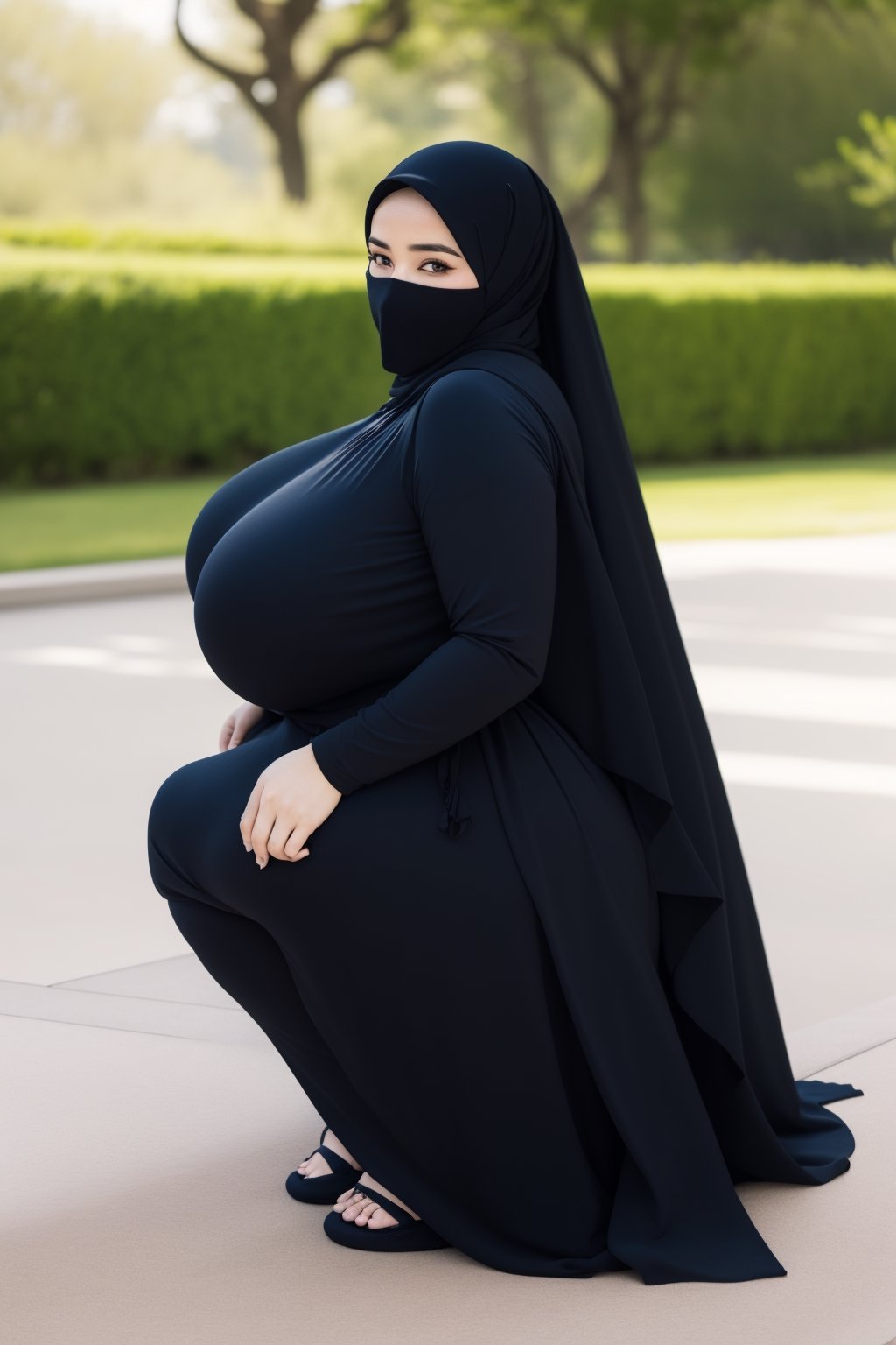 masterpiece, 1 girl, alone, mature woman, milf, 49 years old, brown eyes, (long black dress), thin dress, long sleeves, (black hijab), covered mouth, covered forehead, (wide hips: 1.1), narrow waist, voluptuous, curvy, (giant breasts: 1.1), giant hips, wide hips, thick thighs, (huge thighs: 1.3), venusbody, hijab, veil,  ((young 21 year old bbw with big tits and big butt, with long thick legs)), squatting, legs spread, facing forward