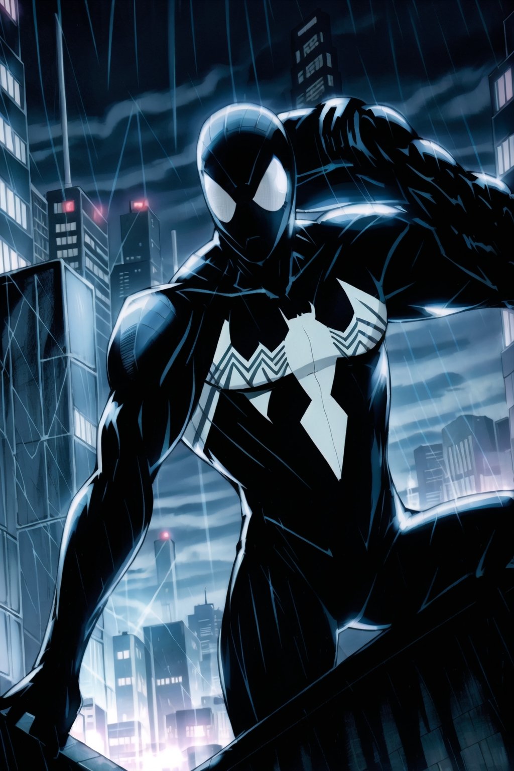 BlackSM headshot, action shot, dramatic, city background at night, rainy and stormy weather, symmetrical mask, hyper detailed, photorealistic, gothic, black, Spiderman, ultra detailed arms, perfect hands, good lighting